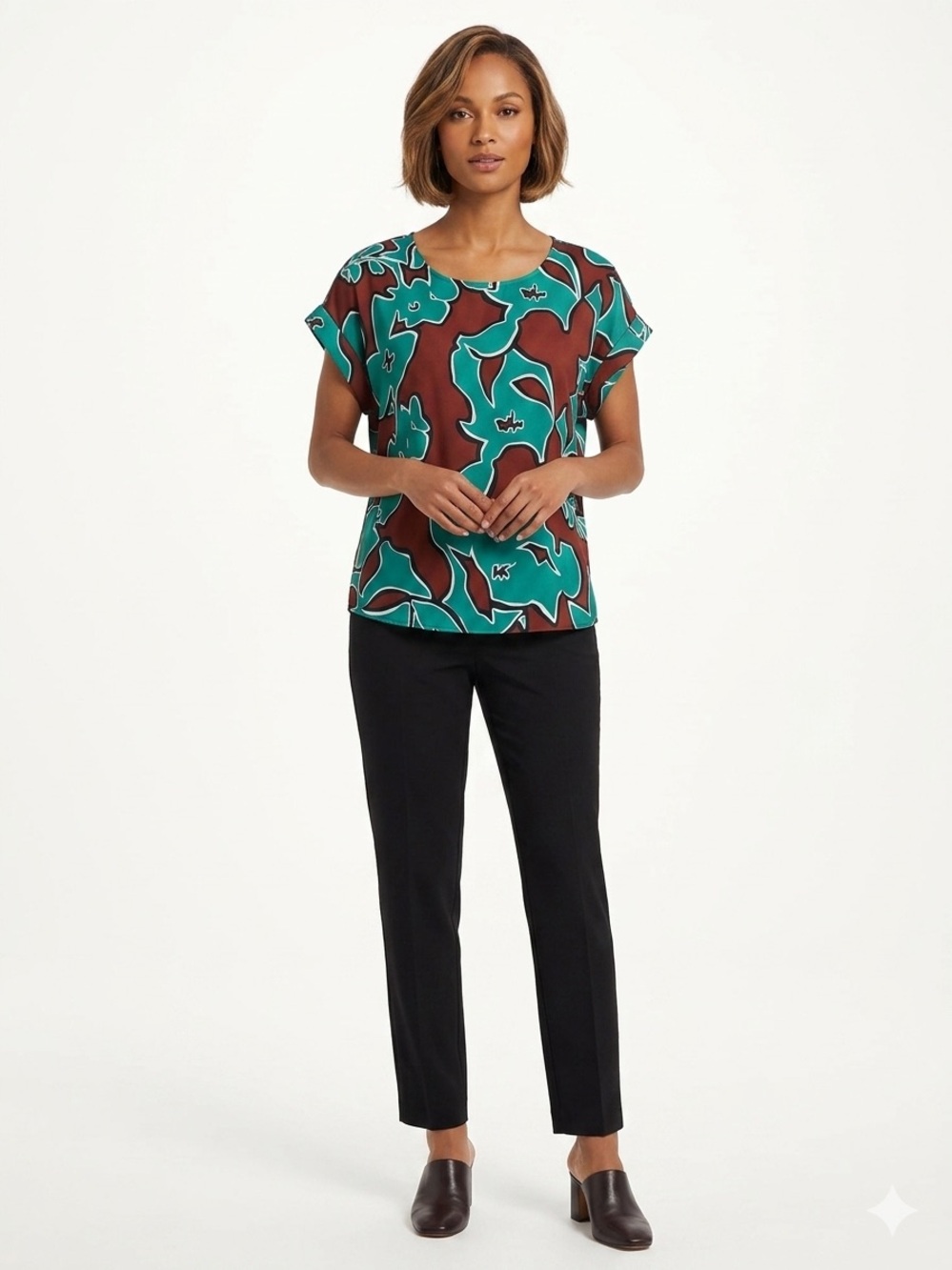 Nine West NWOT Teal & Brown Abstract Floral Short Sleeve Top No Stretch